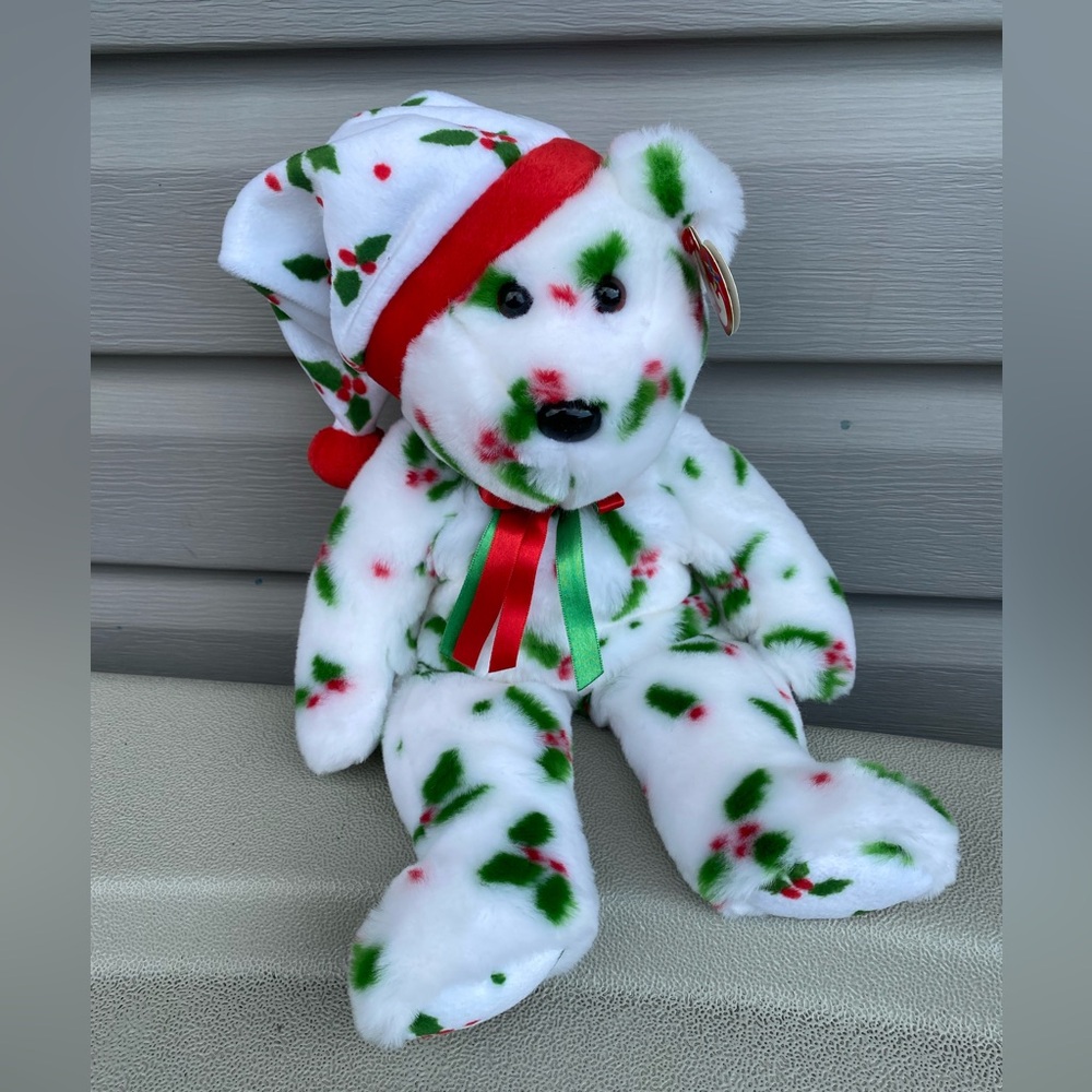 Ty Beanie Buddy Holiday Teddy 13" White Bear Christmas Holly 2002